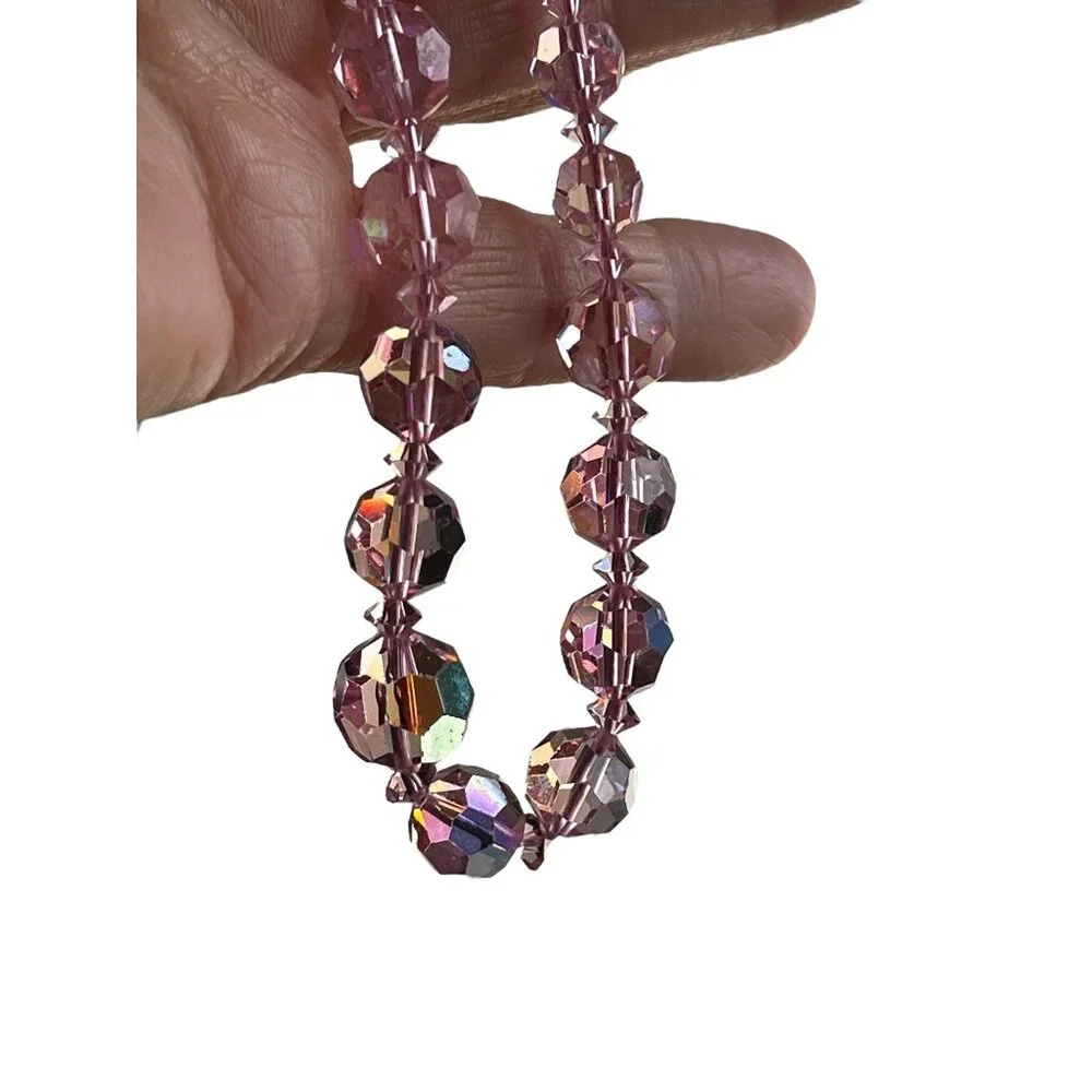 Pink Aurora Borealis Faceted Glass Bead Necklace 18" L Vintage - Picture 4 of 9